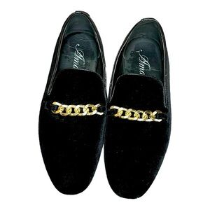 Amali Black Velvet Loafers with Gold‎ Chain Detail Men’s Size 10.5